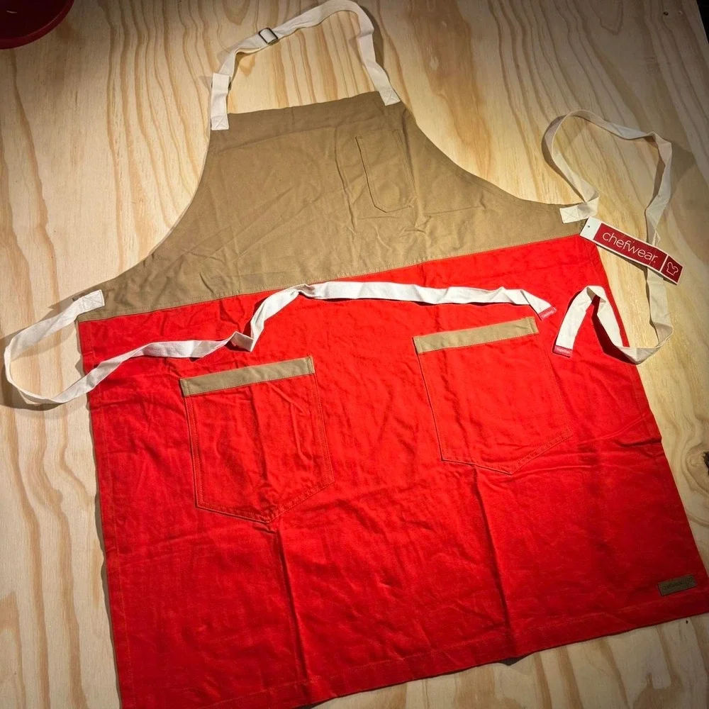 Chef apron ChefWear red and tan cotton apron with pockets